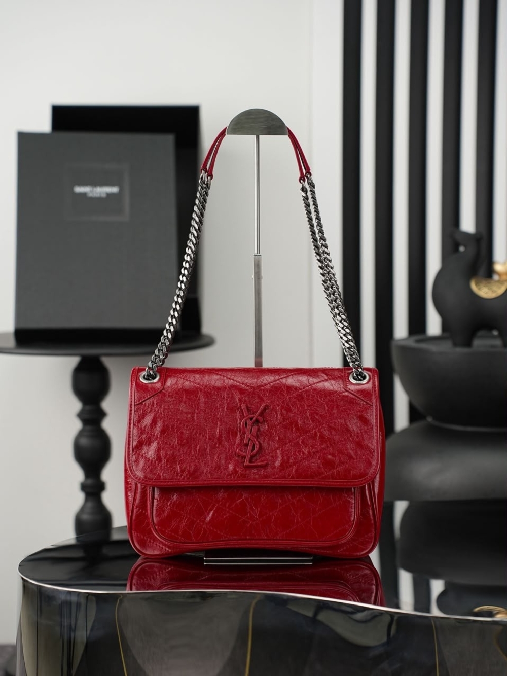 Saint Laurent Red Leather Chain Shoulder Bag